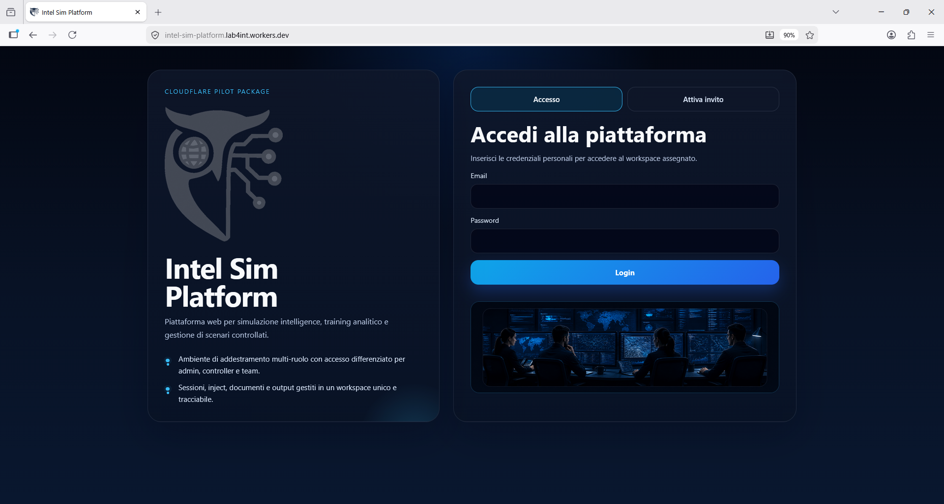 Schermata di accesso alla piattaforma per simulazioni intelligence e crisis management